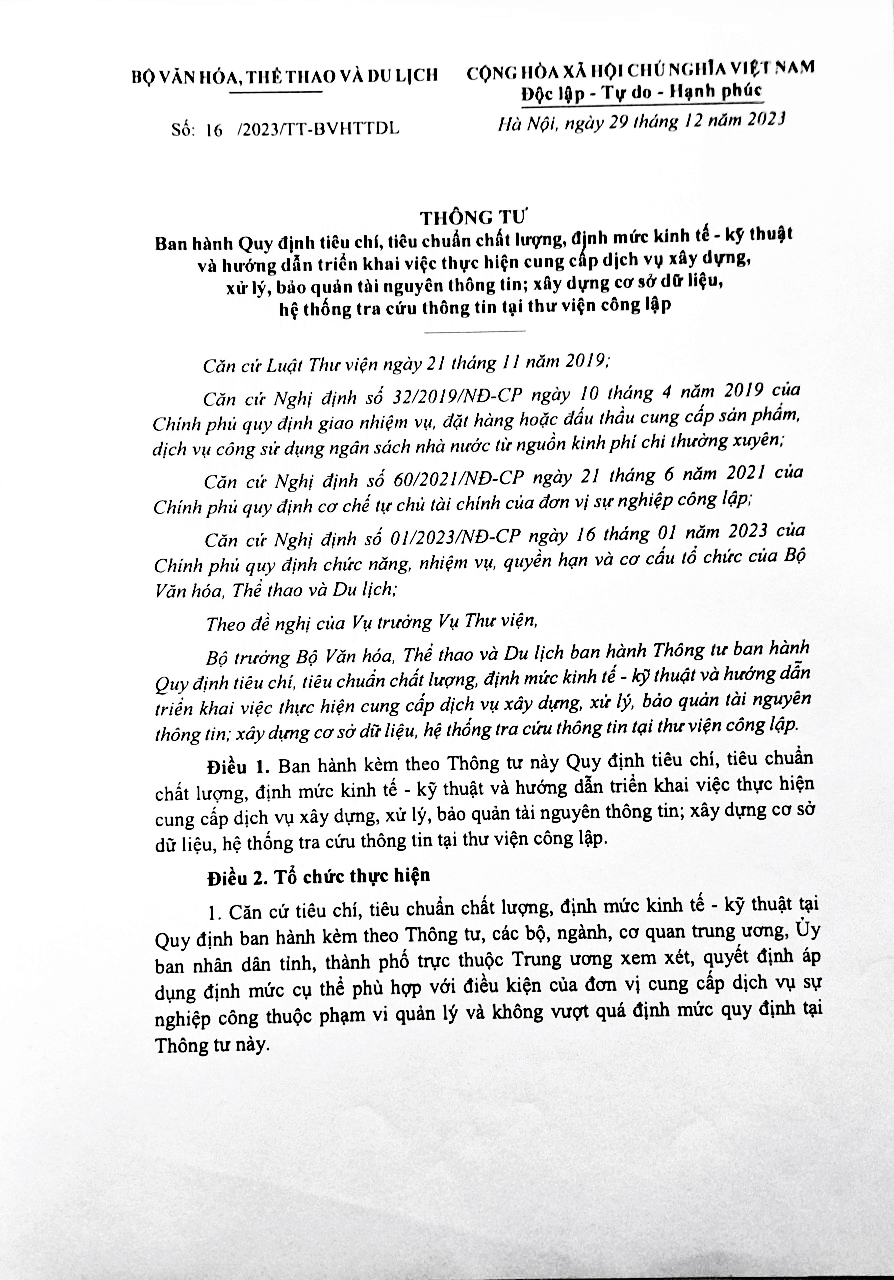 Thông tư số: 16/2023/TT-BVHTTDL, ngày 29 tháng 12 năm 2023 của Bộ Văn hóa thể thao và du lịch 